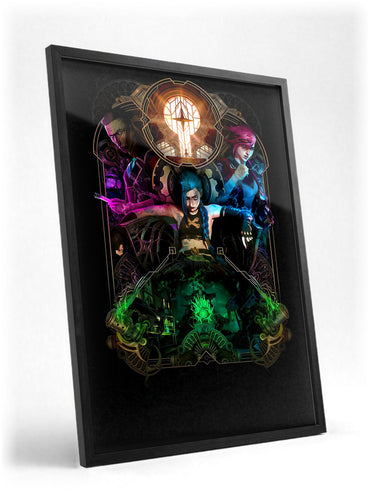 Arcane Hextech Gold Frame Art poster in a black frame with glass leaning against a wall