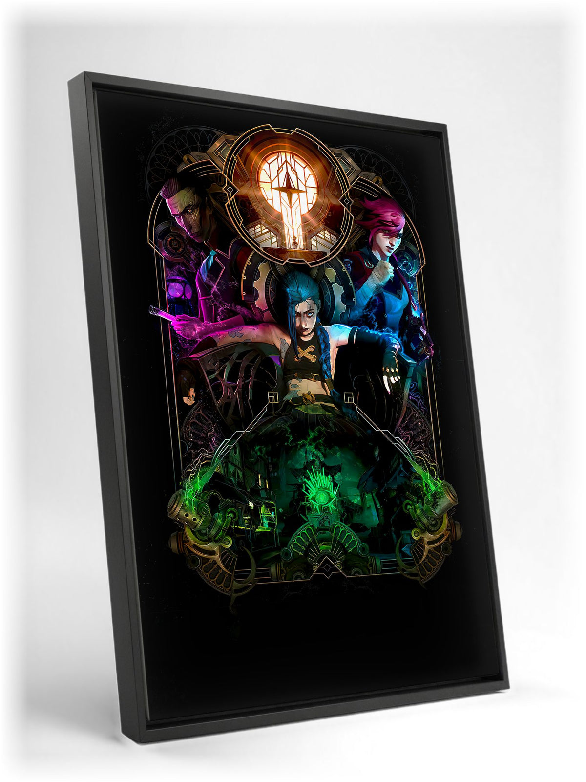 Arcane Hextech Gold Frame Art as a black floater framed canvas leaning against a wall