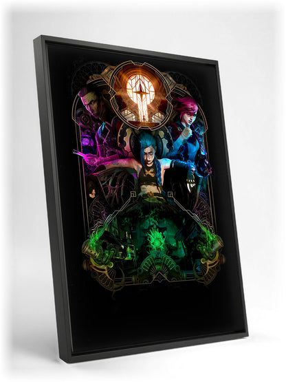 Arcane Hextech Gold Frame Art as a black floater framed canvas leaning against a wall