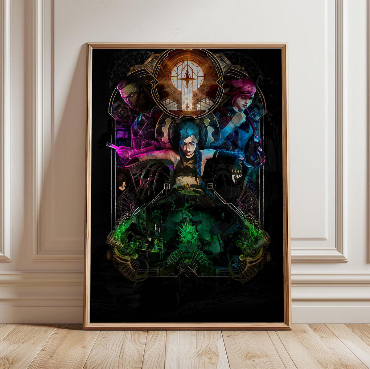 Arcane Hextech Gold Frame Art poster in a light oak frame leaning against a white wall