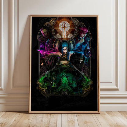 Arcane Hextech Gold Frame Art poster in a light oak frame leaning against a white wall