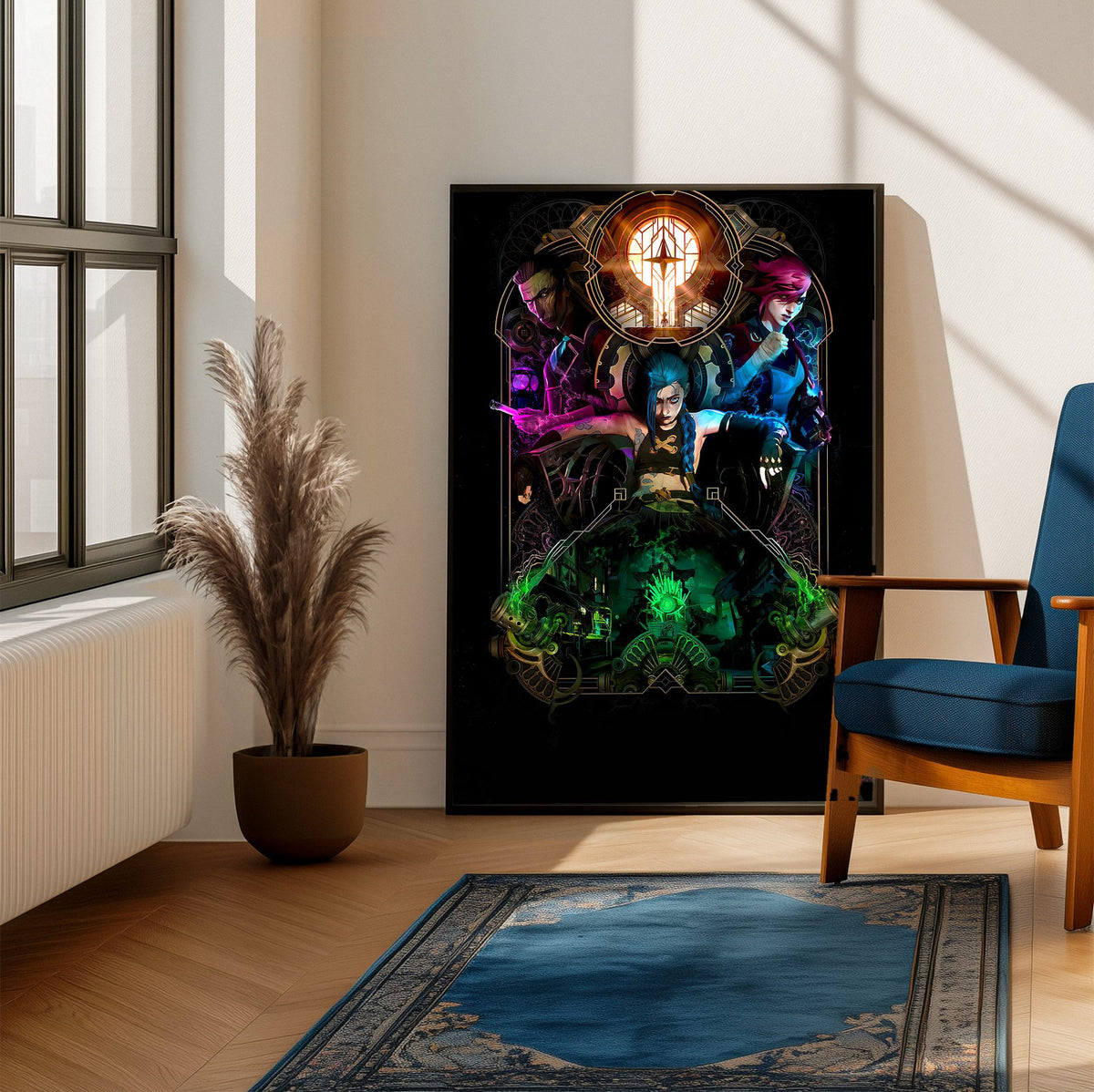 Arcane Hextech Gold Frame Art poster framed beside a blue armchair in a sunlit room