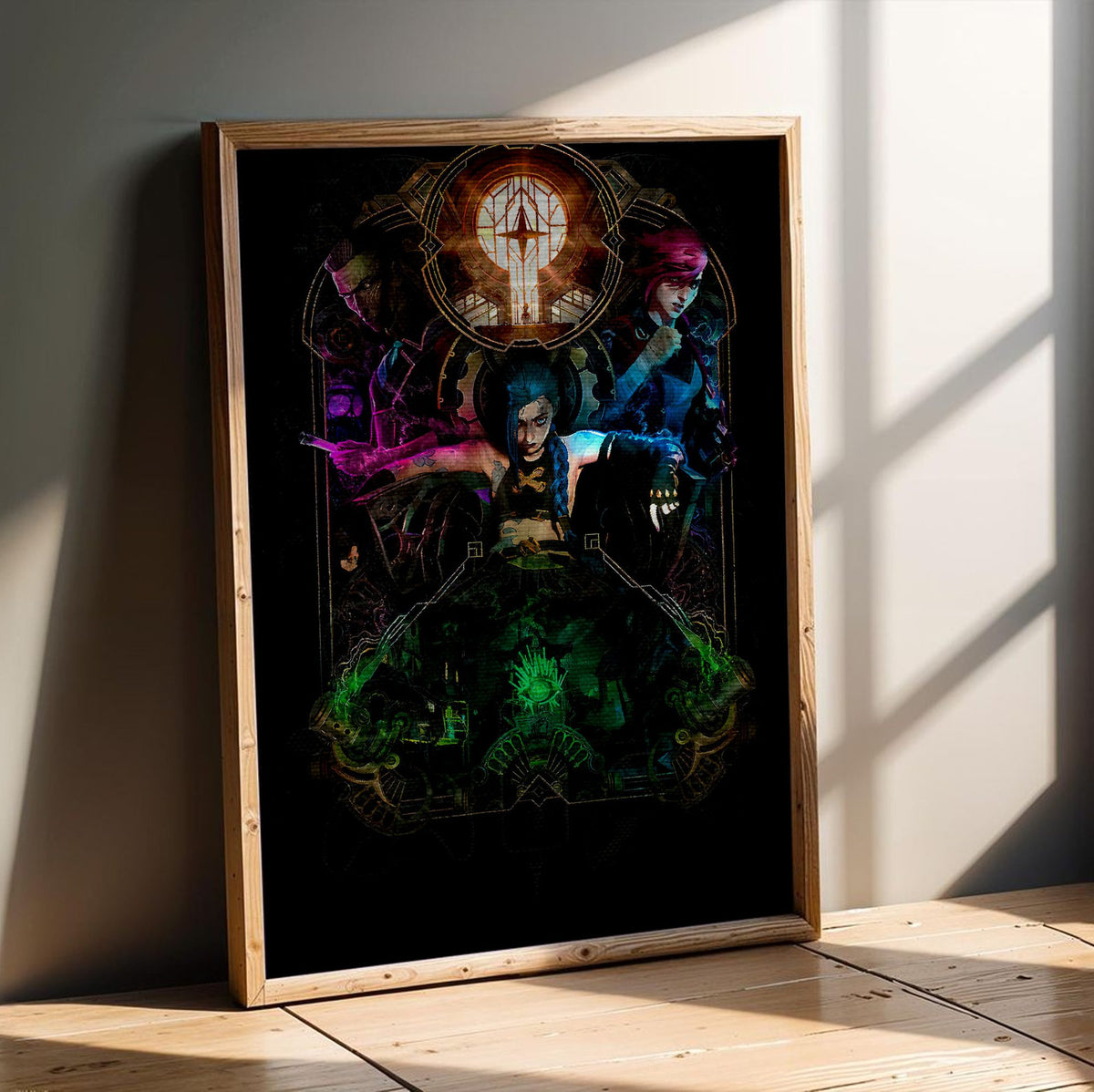 Arcane Hextech Gold Frame Art poster in an oak frame leaning on a wooden floor
