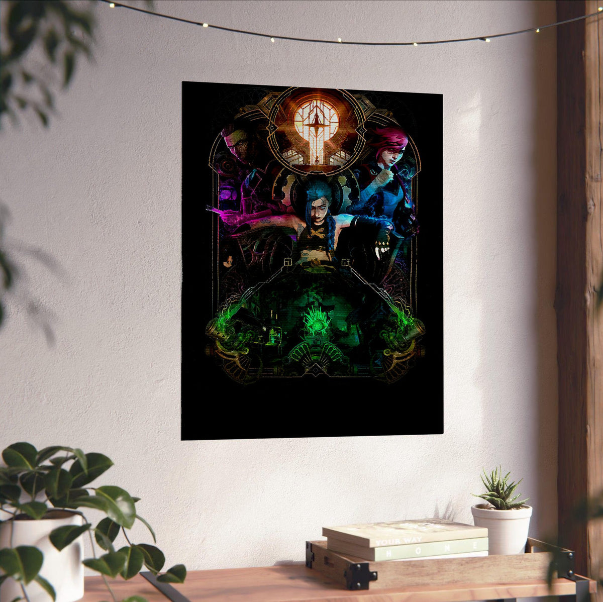 Arcane Hextech Gold Frame Art poster unframed on a white wall above a desk