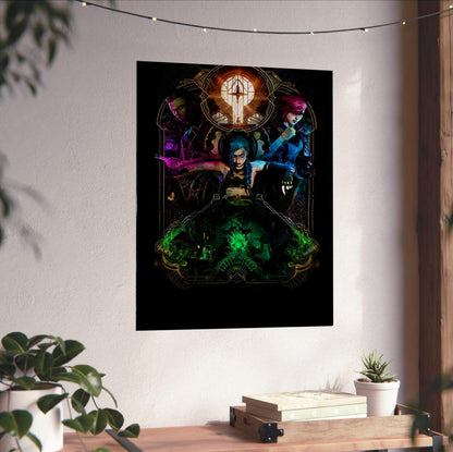 Arcane Hextech Gold Frame Art poster unframed on a white wall above a desk
