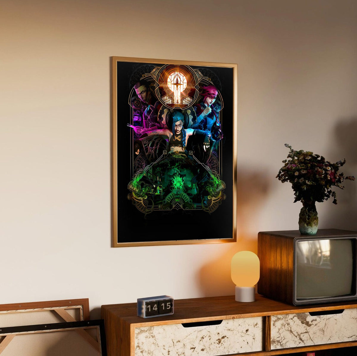Arcane Hextech Gold Frame Art poster in an oak frame above a sideboard