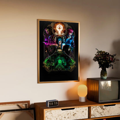 Arcane Hextech Gold Frame Art poster in an oak frame above a sideboard