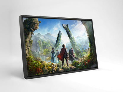 ArcheAge Chronicles Key Art as a black floater framed canvas leaning against a wall