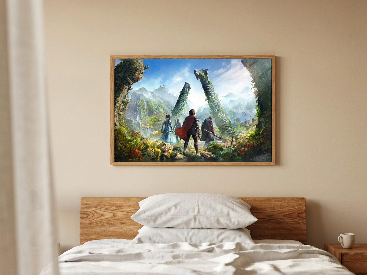 ArcheAge Chronicles Key Art poster in a natural oak frame in a bedroom