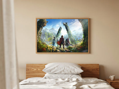 ArcheAge Chronicles Key Art poster in a natural oak frame in a bedroom