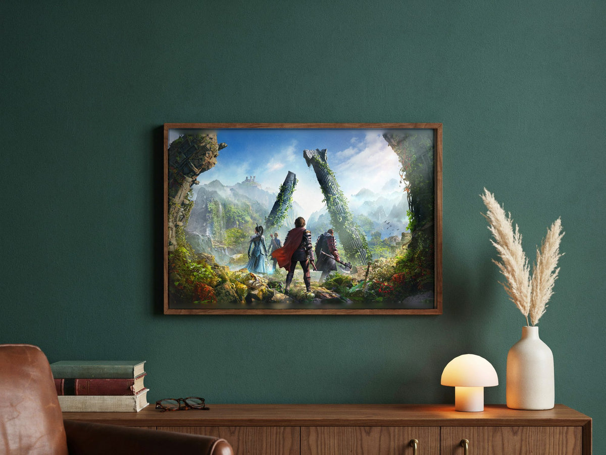 ArcheAge Chronicles Key Art poster in a dark walnut frame in a green study