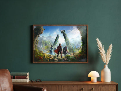 ArcheAge Chronicles Key Art poster in a dark walnut frame in a green study