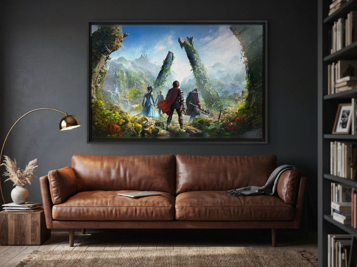 ArcheAge Chronicles Key Art as a black floater framed canvas in a media room