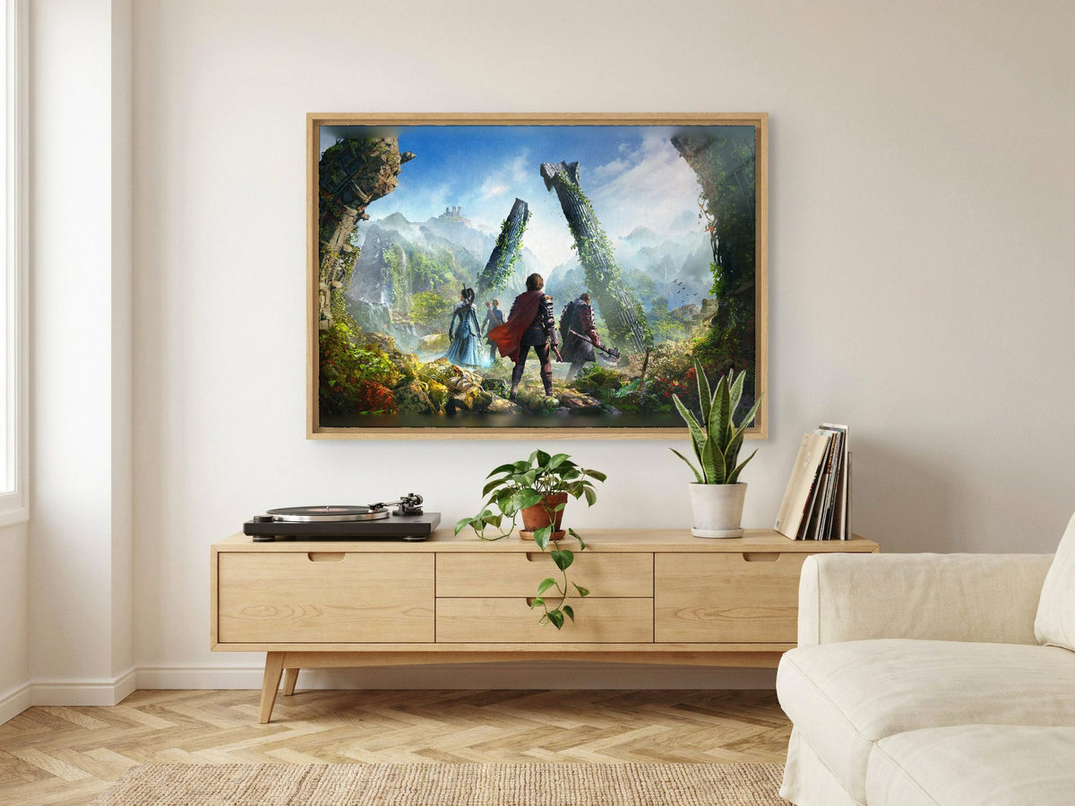 ArcheAge Chronicles Key Art as an oak floater framed canvas in a Scandinavian lounge