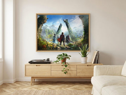 ArcheAge Chronicles Key Art as an oak floater framed canvas in a Scandinavian lounge