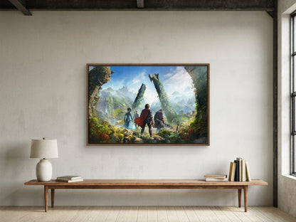 ArcheAge Chronicles Key Art as a walnut floater framed canvas in a loft