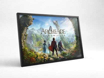 ArcheAge Chronicles Key Art poster in a black frame with glass leaning against a wall