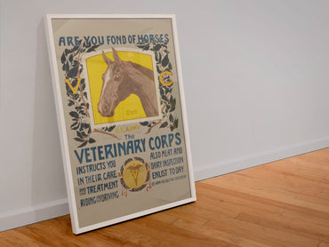 Are You Fond of Horses Veterinary Corps poster in a white frame leaning against a wall