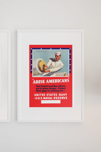Arise Americans Join the Navy poster on a light wall