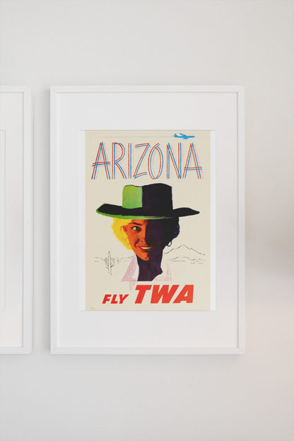 Arizona Fly TWA Cowgirl poster on a light wall