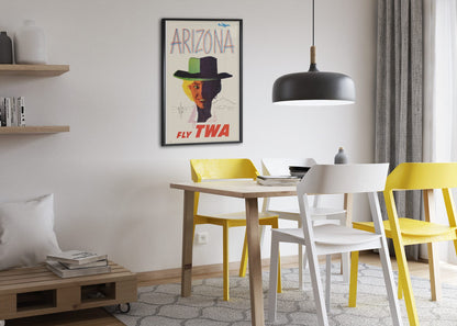 Arizona Fly TWA Cowgirl poster framed above a dining table