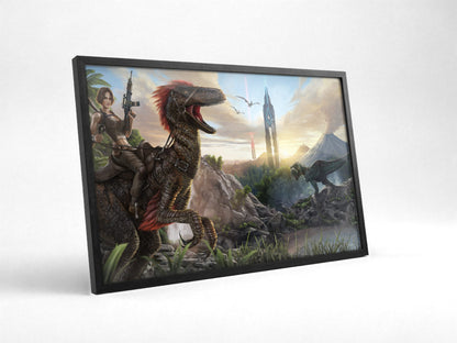 ARK: Survival Evolved Key Art poster in a black frame with glass leaning against a wall