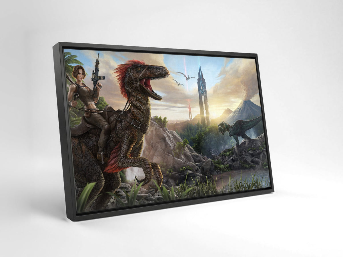 ARK: Survival Evolved Key Art as a black floater framed canvas leaning against a wall