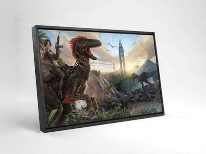 ARK: Survival Evolved Key Art as a black floater framed canvas leaning against a wall