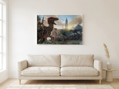 ARK: Survival Evolved Key Art poster in a white frame in a living room