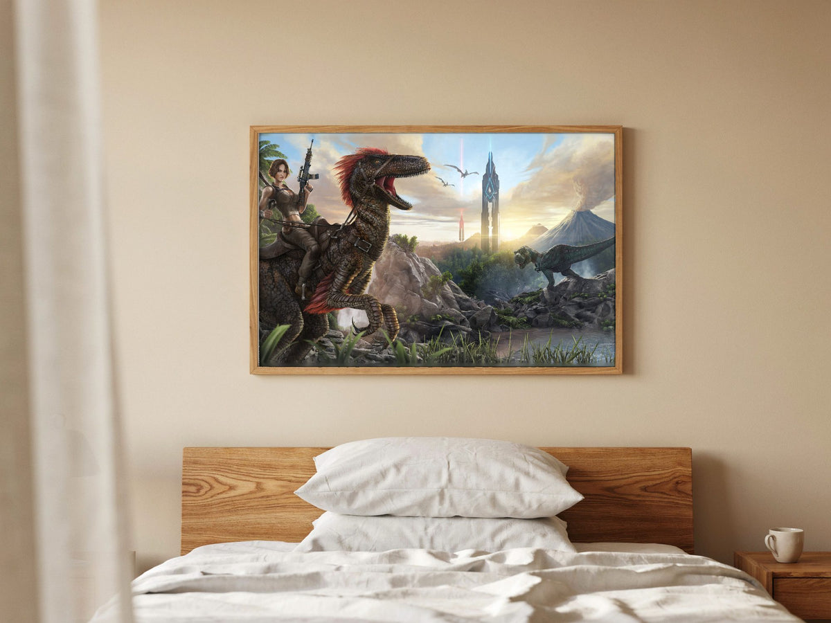 ARK: Survival Evolved Key Art poster in a natural oak frame in a bedroom