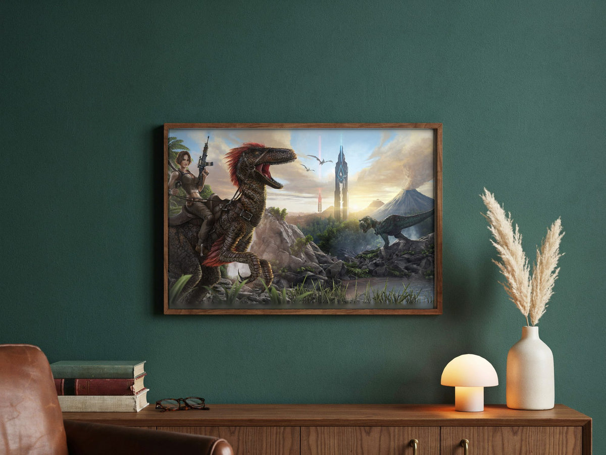 ARK: Survival Evolved Key Art poster in a dark walnut frame in a green study