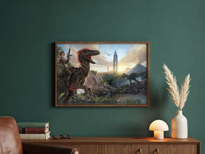ARK: Survival Evolved Key Art poster in a dark walnut frame in a green study
