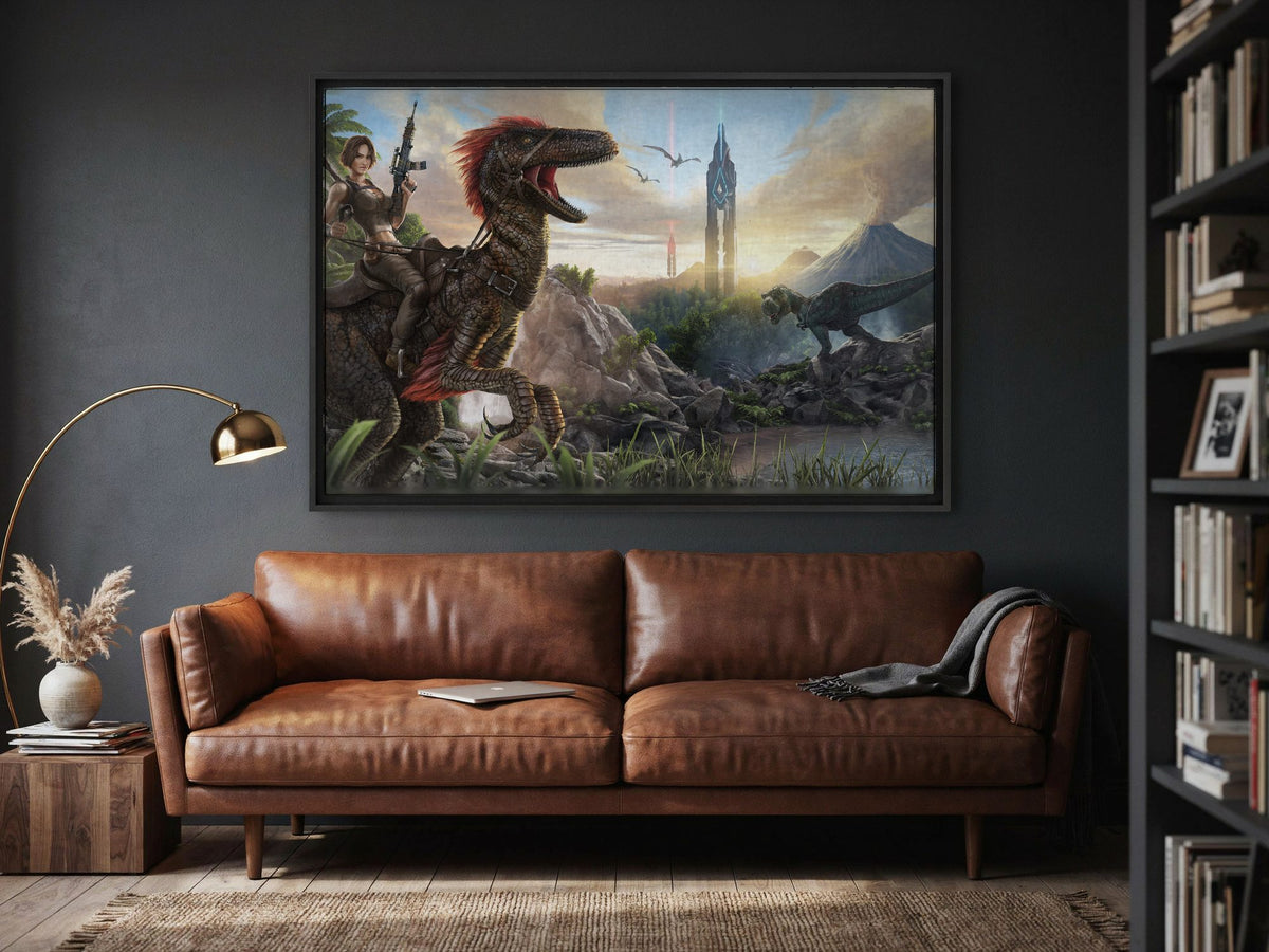ARK: Survival Evolved Key Art as a black floater framed canvas in a media room