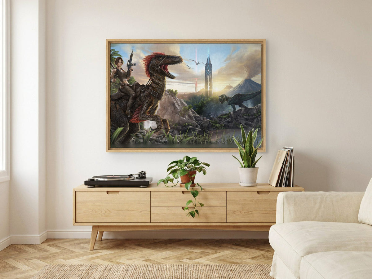 ARK: Survival Evolved Key Art as an oak floater framed canvas in a Scandinavian lounge