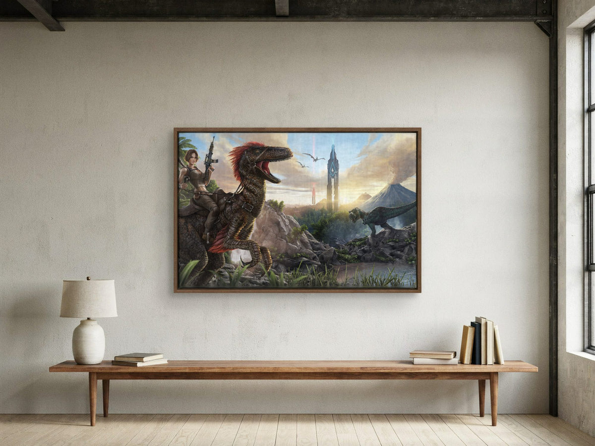 ARK: Survival Evolved Key Art as a walnut floater framed canvas in a loft