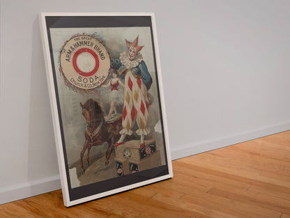 Arm and Hammer Soda Clown poster in a white frame leaning against a wall