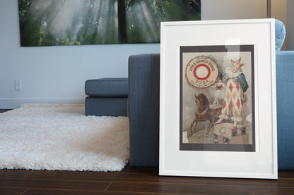 Arm and Hammer Soda Clown poster leaning beside a blue sofa