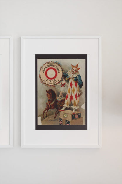 Arm and Hammer Soda Clown poster on a light wall