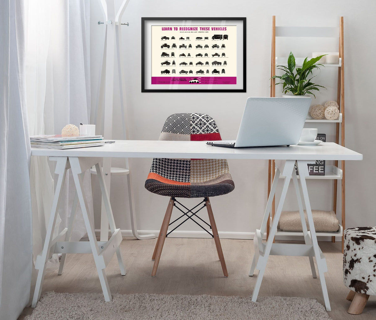 Armored Car Recognition Chart poster framed above a white desk in a home office
