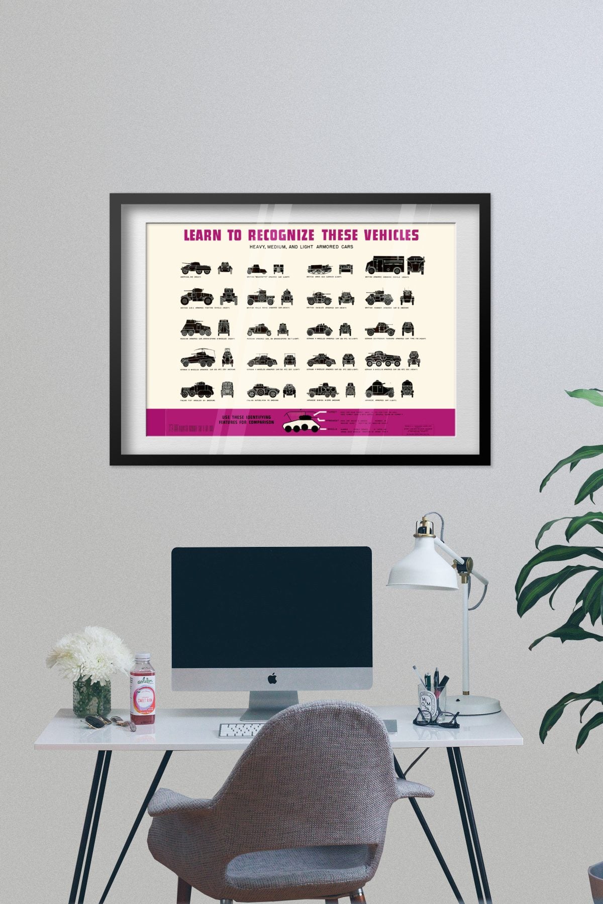 Armored Car Recognition Chart poster framed on a grey wall above a desk