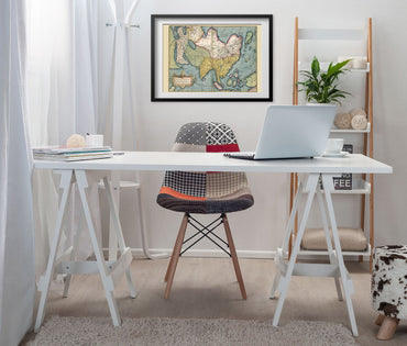 Asia 1570 Ortelius Map framed above a white desk in a home office