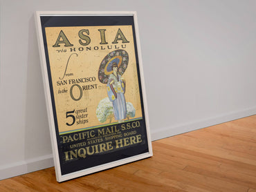 Asia via Honolulu Pacific Mail poster in a white frame leaning against a wall