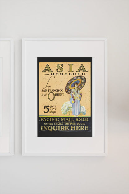 Asia via Honolulu Pacific Mail poster on a light wall