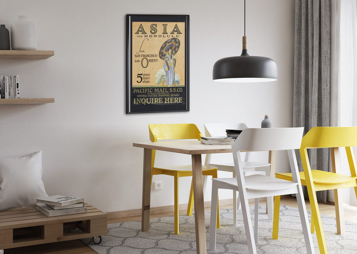 Asia via Honolulu Pacific Mail poster framed above a dining table