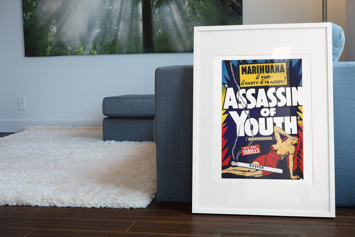Assassin of Youth poster leaning beside a blue sofa
