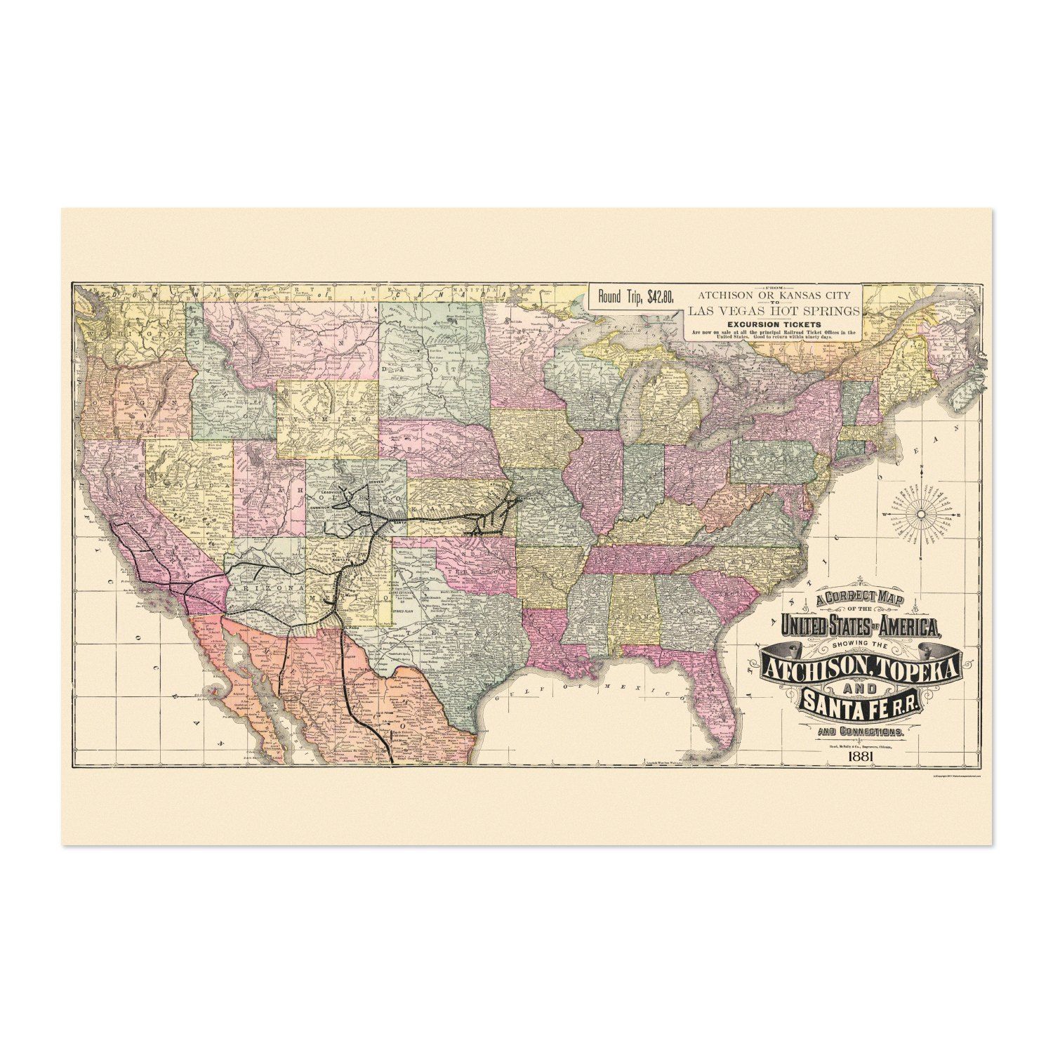 Atchison, Topeka & Santa Fe Railroad 1888 Map vintage print