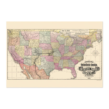 Atchison, Topeka & Santa Fe Railroad 1888 Map vintage print