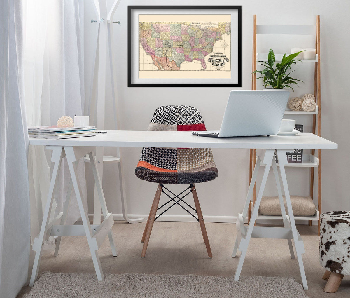 Atchison, Topeka & Santa Fe Railroad 1888 Map print framed above a white desk in a home office