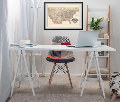 Atchison, Topeka & Santa Fe Railroad 1888 Map print framed above a white desk in a home office