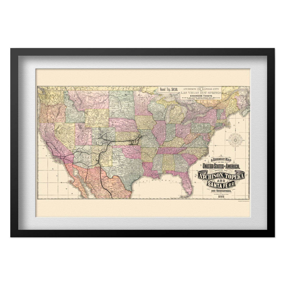 Atchison, Topeka & Santa Fe Railroad 1888 Map print in a black frame with a white mat